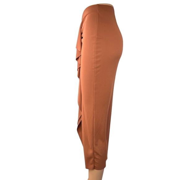H&M Gusset Panel Brown Ruched Ruffle Draped Jersey Midi Straight Pencil Skirt XS - Picture 2 of 5